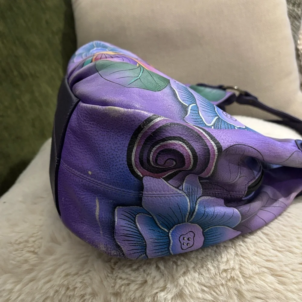 ANUSCHIKA India Purple Leather Floral‎ Triple Compartment Large Satchel Bag